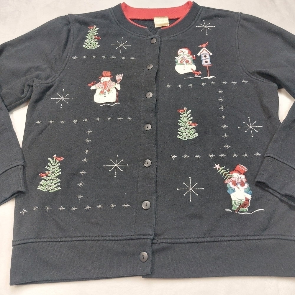 CC HUGHES WOMEN'S BLACK SNOWMAN HOLIDAY BUTTON UP SWEATSHIRT CARDIGAN SIZE SMALL - Picture 2 of 8